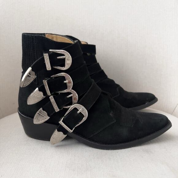 Toga Pulla Boots Womens 37 7 Buckle Belted Cowboy Ankle Black Suede Boho Western - Picture 2 of 11